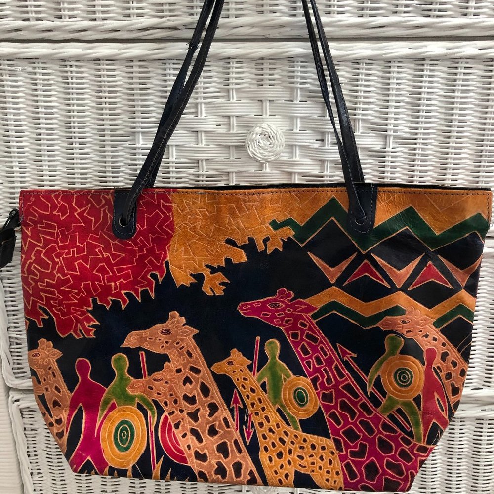 ITALIAN  LEATHER  JUNGLE SAFARI SCENE HANDLED  LINEN LINED ZIPPER  LARGE PURSE